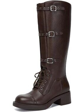 Athlefit Size 8 Boots Brown Knee High Riding Wide Calf Adjustable Buckle Lace Up